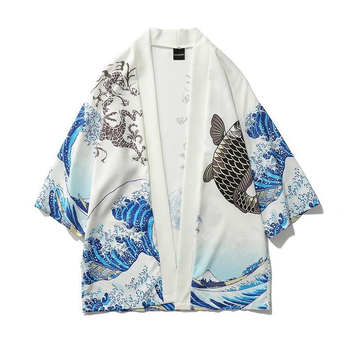 Japanese ukiyo-e painted robe wave squid print kimono men and women loose seven-point sleeve shirt thin section