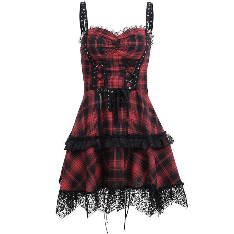 Gothic Plaid Trendy Lace-up Waist Deep V Strap Dress For Women