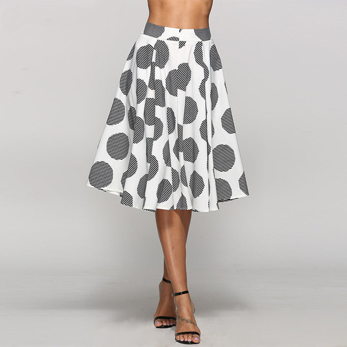 Large Polka Dot Round Slim Fit Mid-Length Skirt With Large Hem