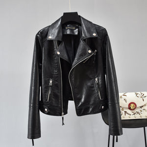 Rivet Suit Collar Waist Short Leather Jacket Women