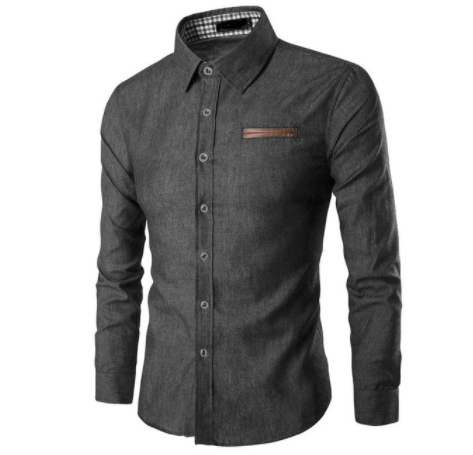 Pocket leather long sleeve denim shirt