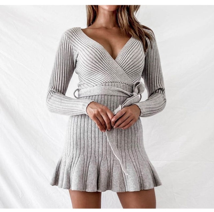 V Neck Knitted Dresses Women Long Sleeve