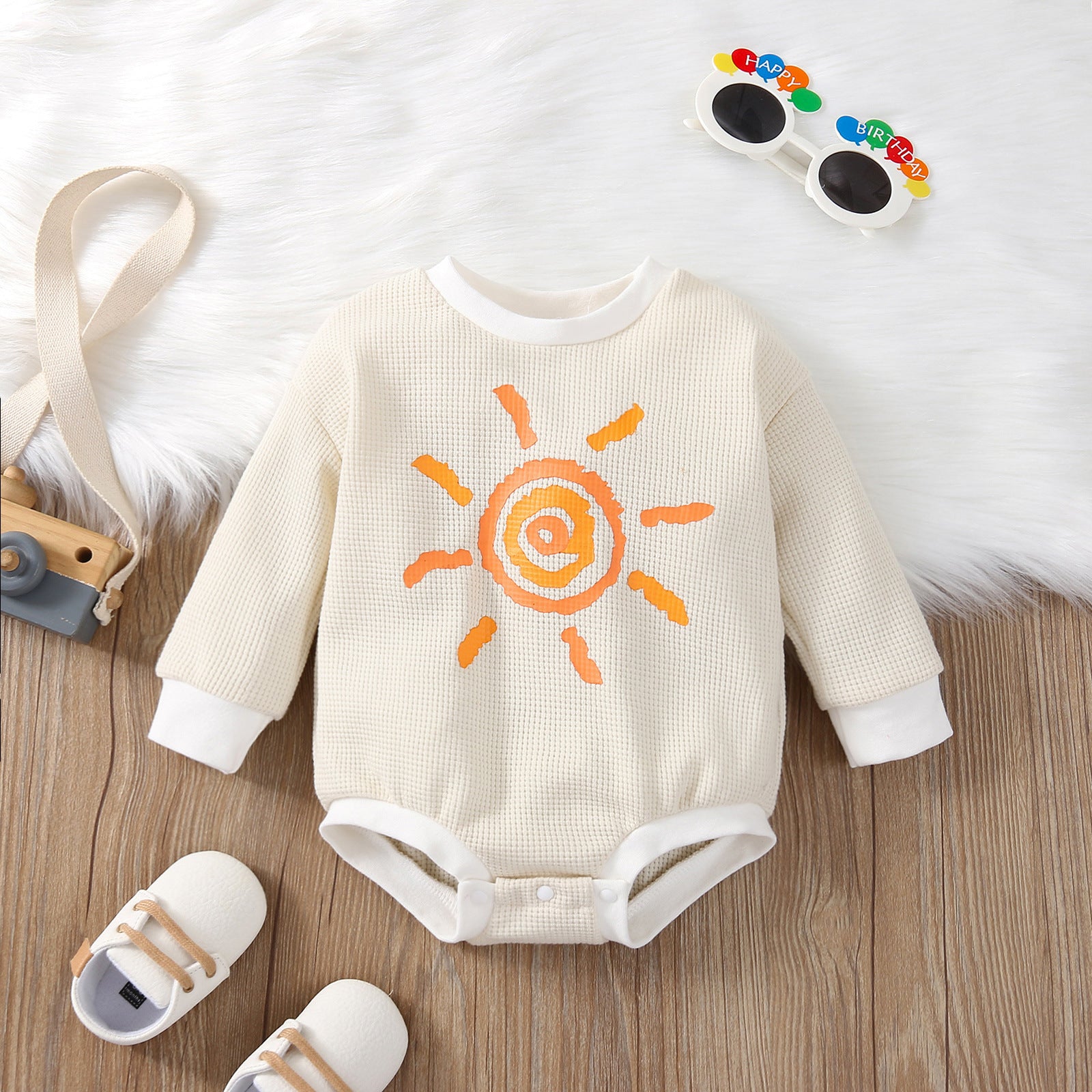 Kids Long Sleeve Romper Unhooded Waffle Multicolor