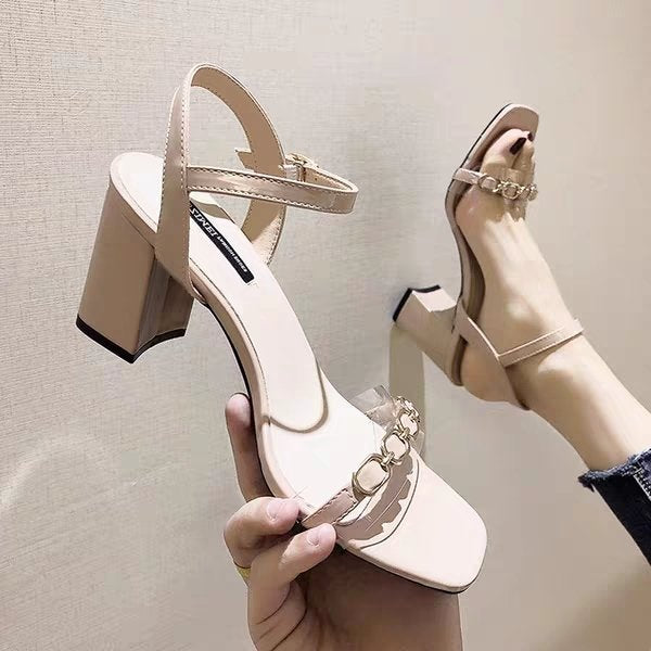 Women's Korean Style Open-toed Thick Heel One-line Buckle Women's Shoes