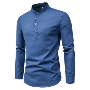 Cotton And Linen Long-Sleeved Shirt Solid Color Stand Collar Shirt