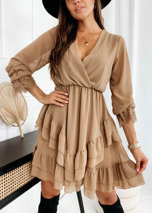 Turtleneck Long Sleeve V-Neck Ruffle Skirt Chiffon Dress