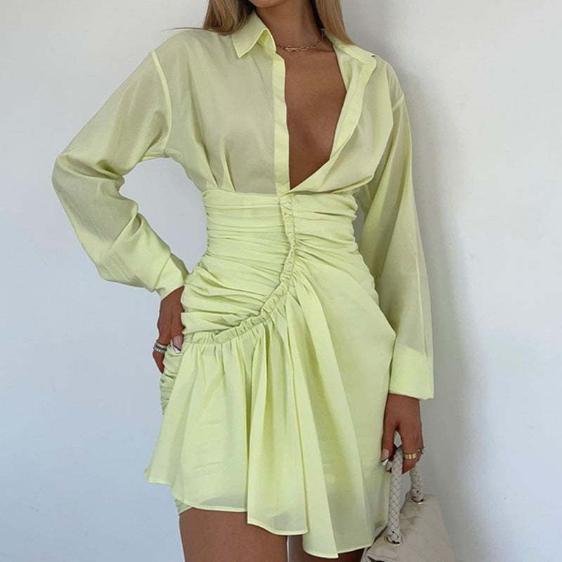 Solid Color   Pleated Shirt Dress Women