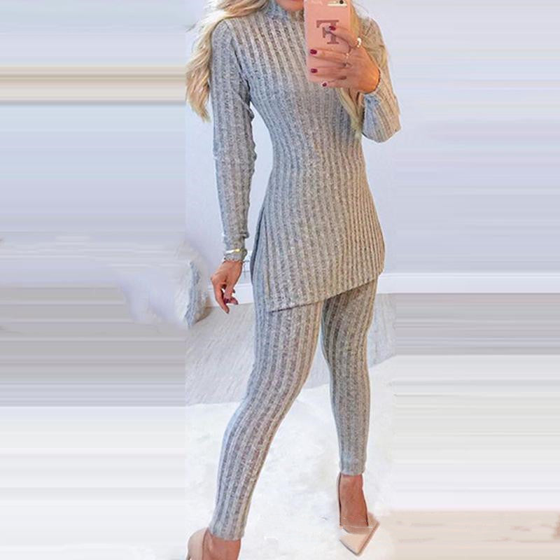 Knitted Suit Slit Mid-length Top And Leggings