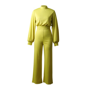 Wide Leg Pants Solid Color High Neck Halter Long Sleeve Casual Jumpsuit