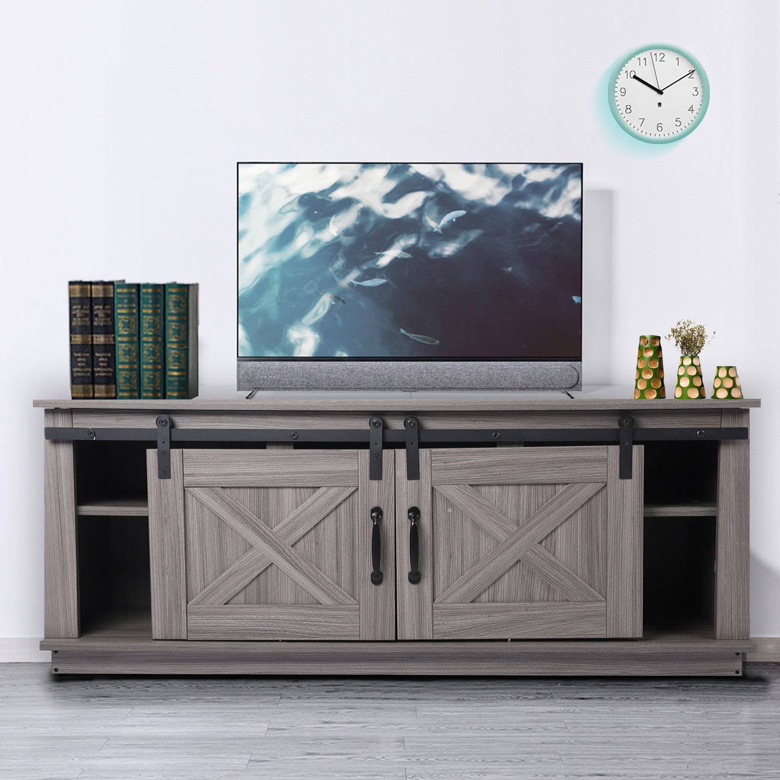 TV Stand Sliding Barn Door Modern &Farmhouse Wood Storage Cabinet Table Rustic