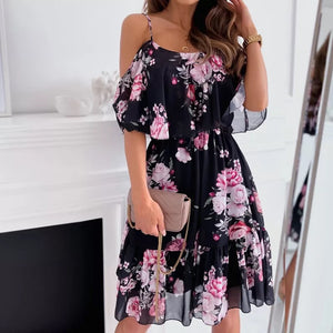 Printed V-neck Stitching Off-the-shoulder Strap Dress