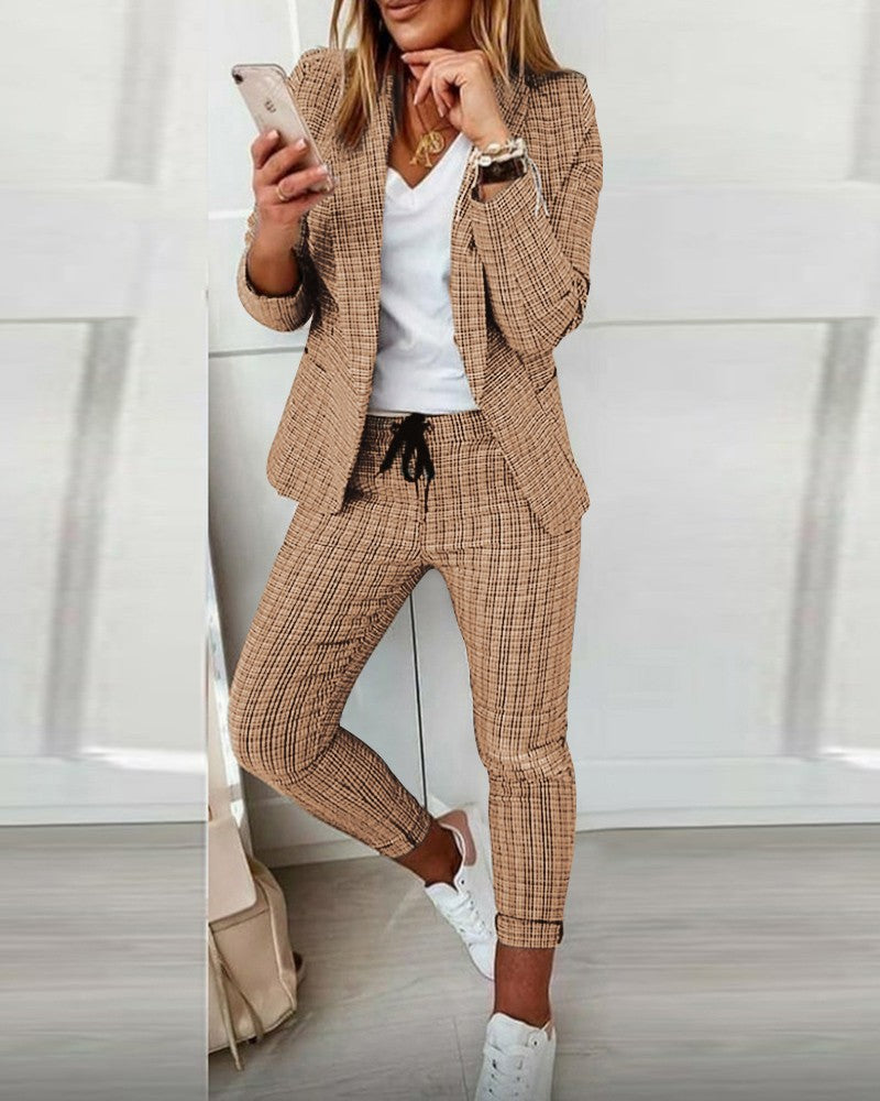 New Plaid Casual Women's Straight Trousers Suit