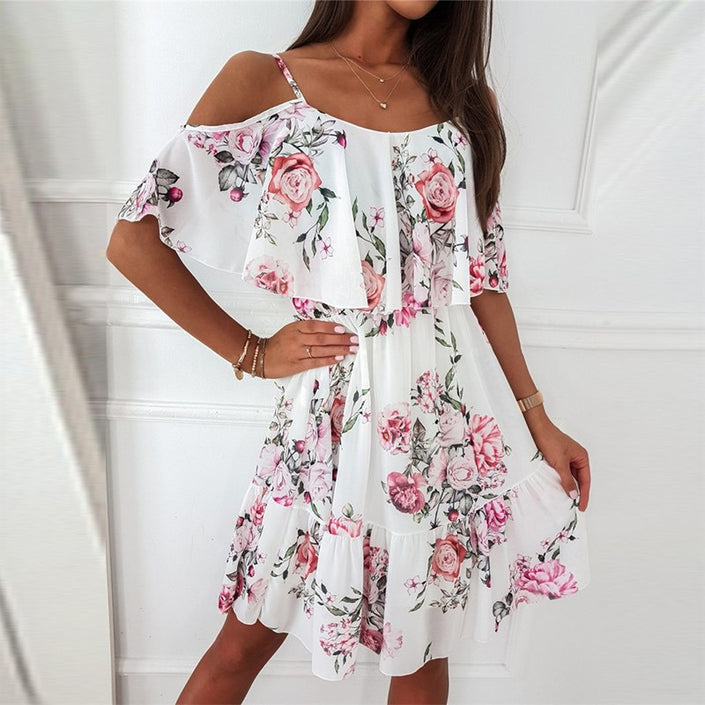 Printed V-neck Stitching Off-the-shoulder Strap Dress