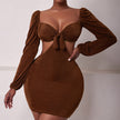 Long Sleeve V-neck Dress European And American Hollow Pleated Hip Skirt