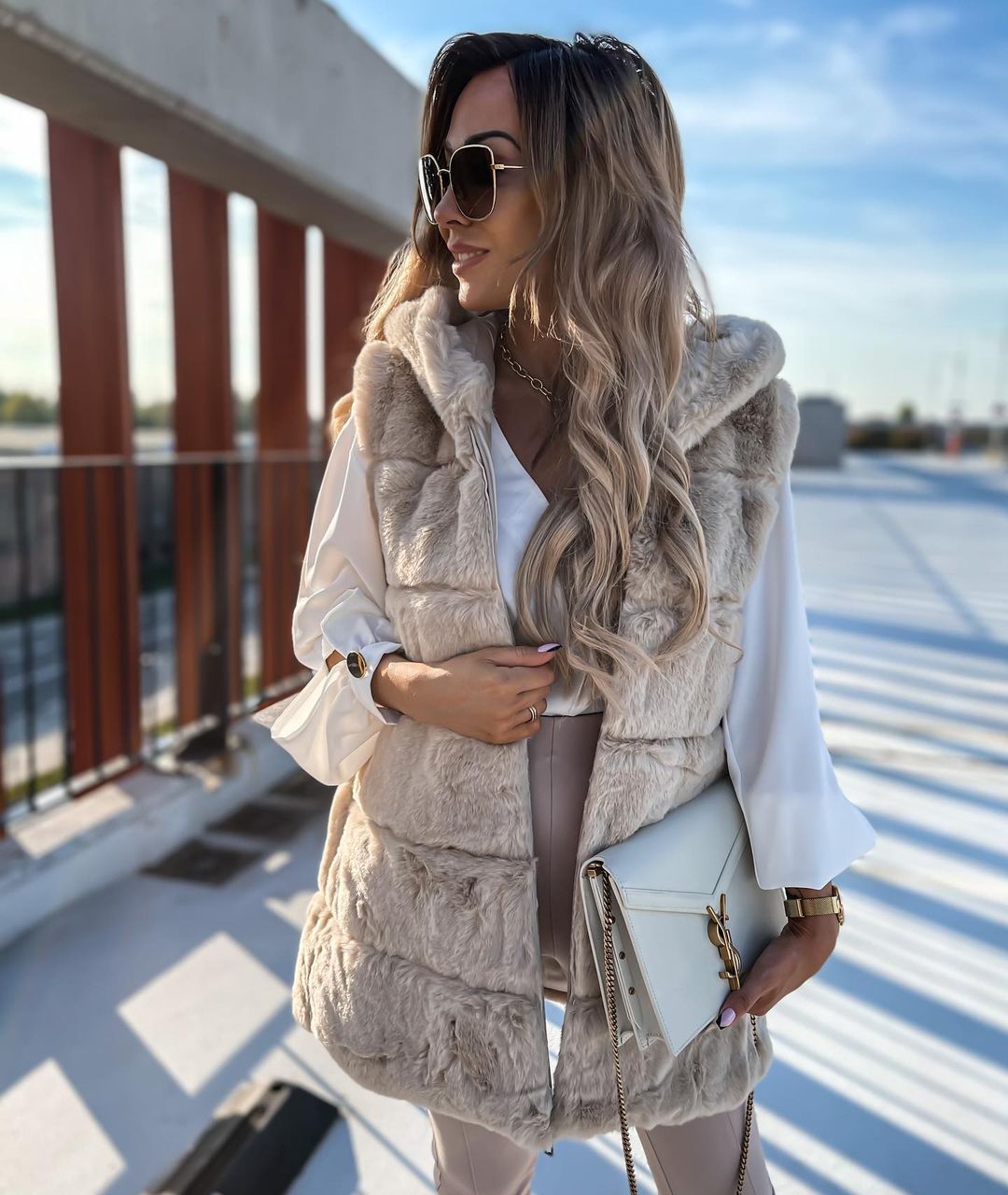 Women's Loose Plush Multicolor Hooded Vest