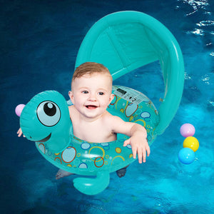 Inflatable Baby Swimming Ring, Beach Turtle Boat Swim Ring With Sun Shade Canopy