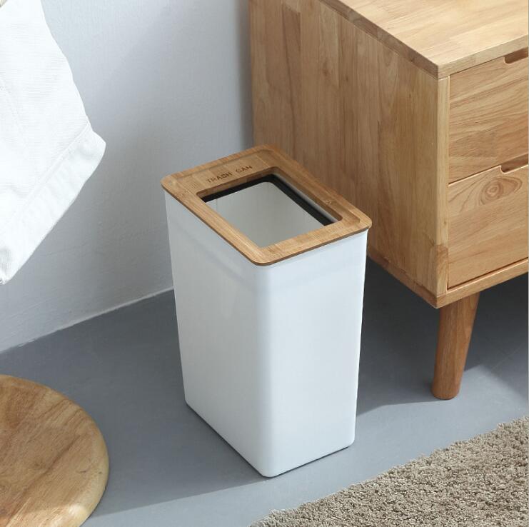 Nordic Rectangle Plastic Wooden Waste Trash Bin With Wooden