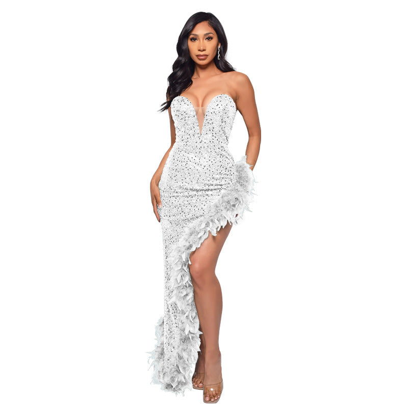 Women's Strapless Backless Sequin Slit Dress