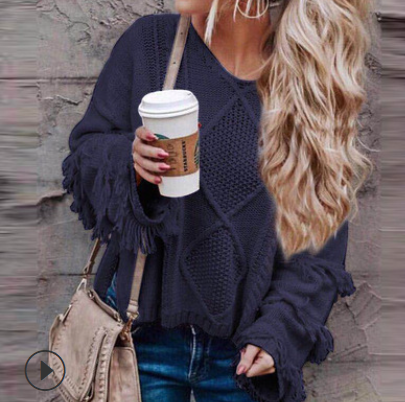 new sweater round neck long-sleeved tassel solid color sweater shirt women