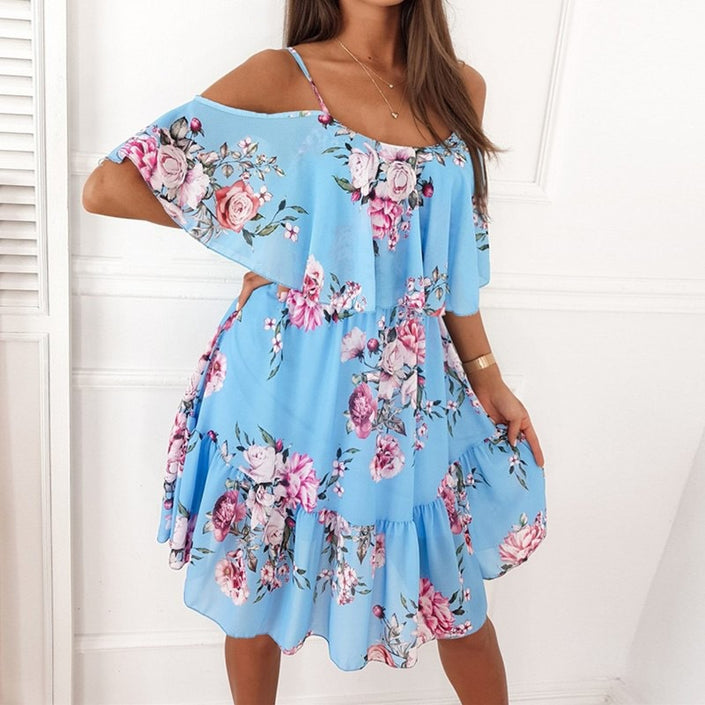 Printed V-neck Stitching Off-the-shoulder Strap Dress