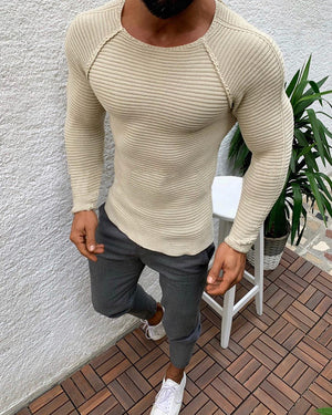 Slim-fit Long-sleeved Round Neck Knit Pullover Sweater Men