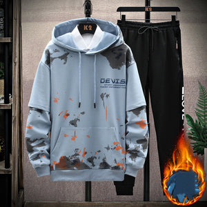 Printed Kangaroo Pocket Casual Sports Hooded Sweater Suit Men