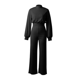 Wide Leg Pants Solid Color High Neck Halter Long Sleeve Casual Jumpsuit