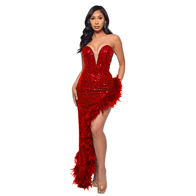 Women's Strapless Backless Sequin Slit Dress