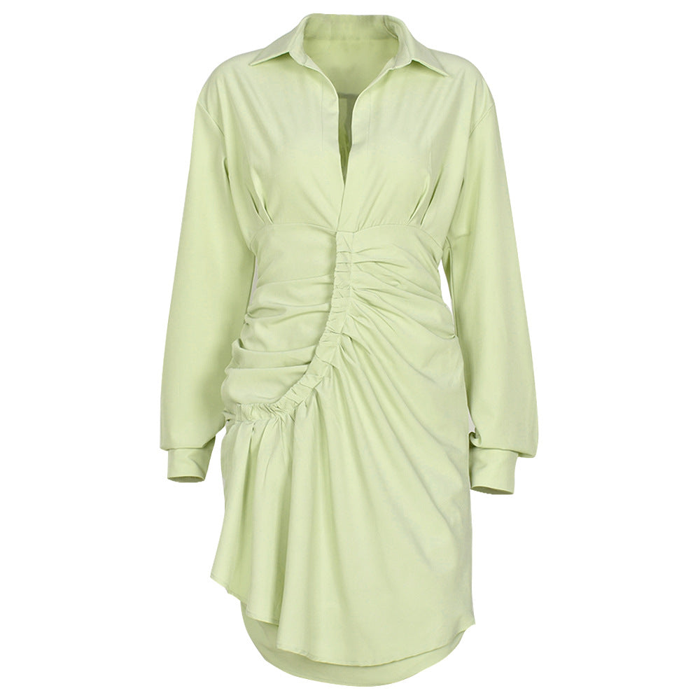 Solid Color   Pleated Shirt Dress Women