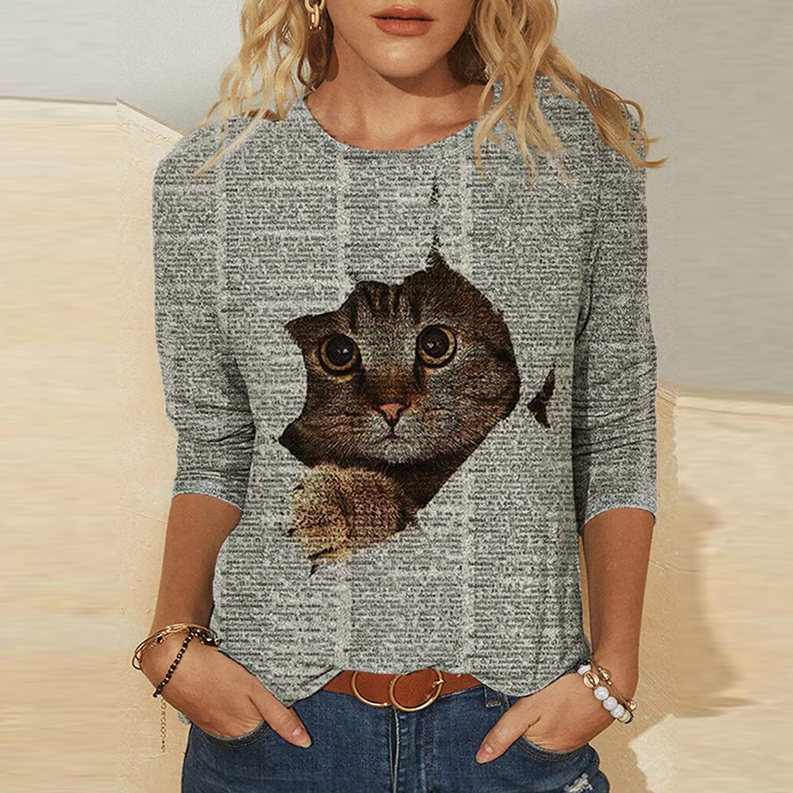 Knitted Long Sleeve Printed Round Neck Women's T-Shirt