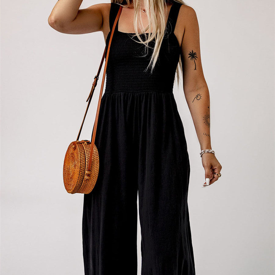 Shiying Black Square Collar Smocking Pleated Jumpsuit Women's Wide Leg Pants