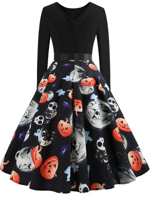 Halloween Round Neck Retro Print Long-Sleeved Big Swing Dress